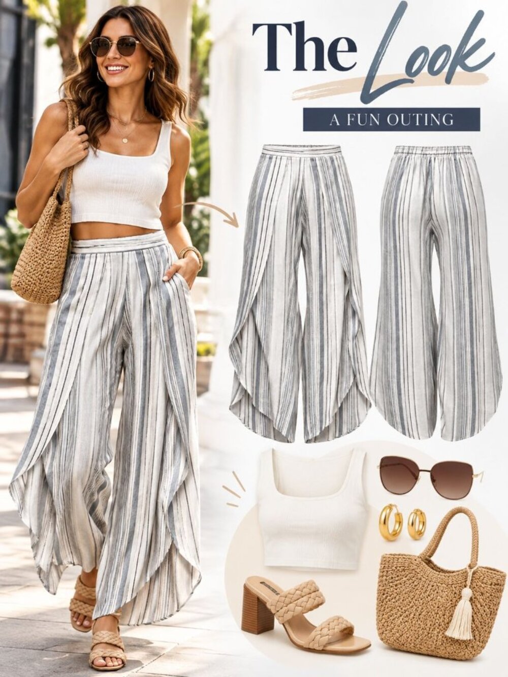 DREW Women's Grey Striped Linen Blend Culottes Size XS - Picture 2 of 12